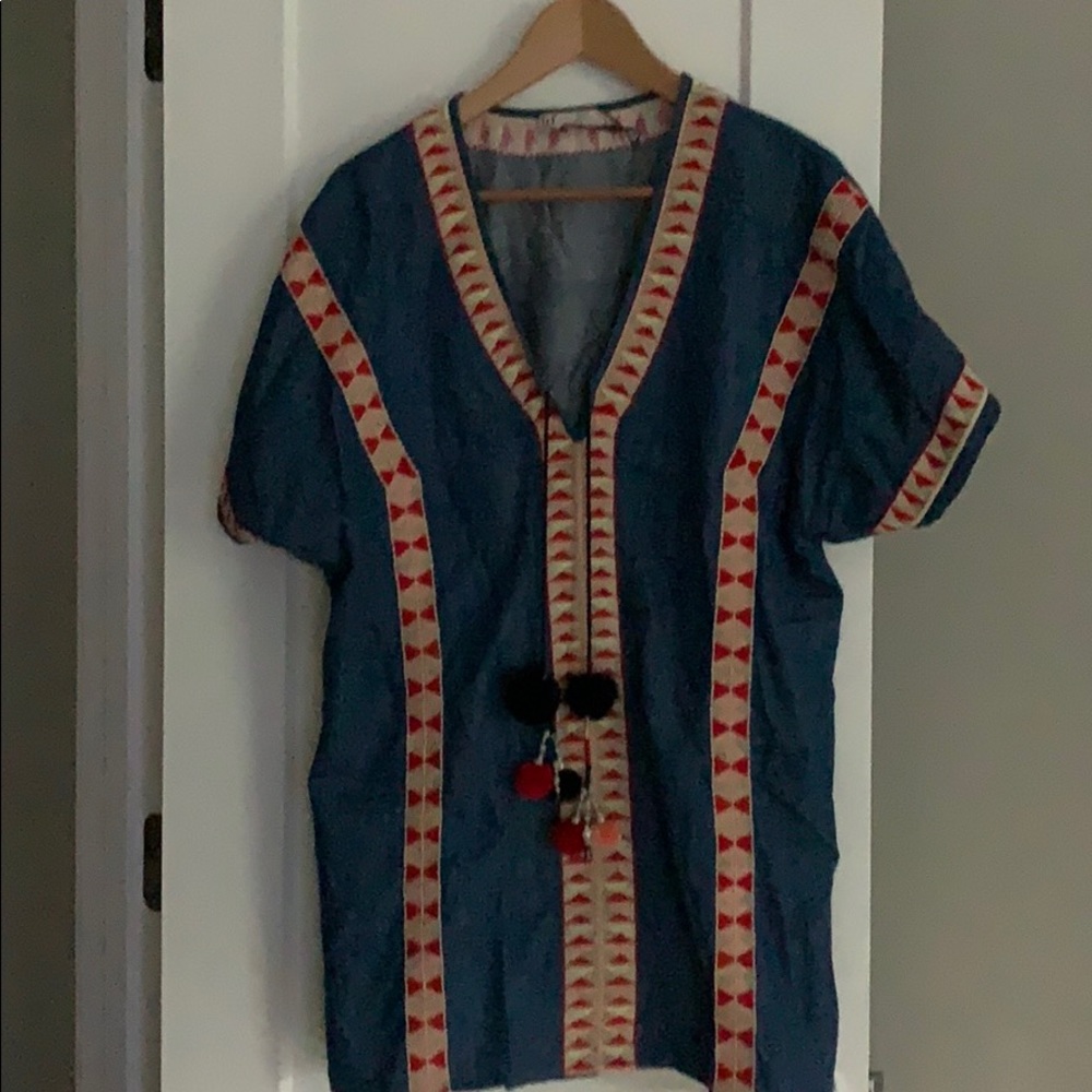 Boho Denim Tunic With Pom Pom Drawstring - image 1